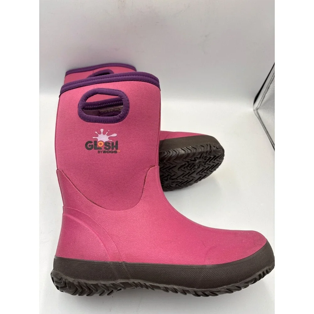 Glosh Bogs Girls 5 Pink Rubber Rain Snow Boots‎ Purple Trim Waterproof Pull-On
